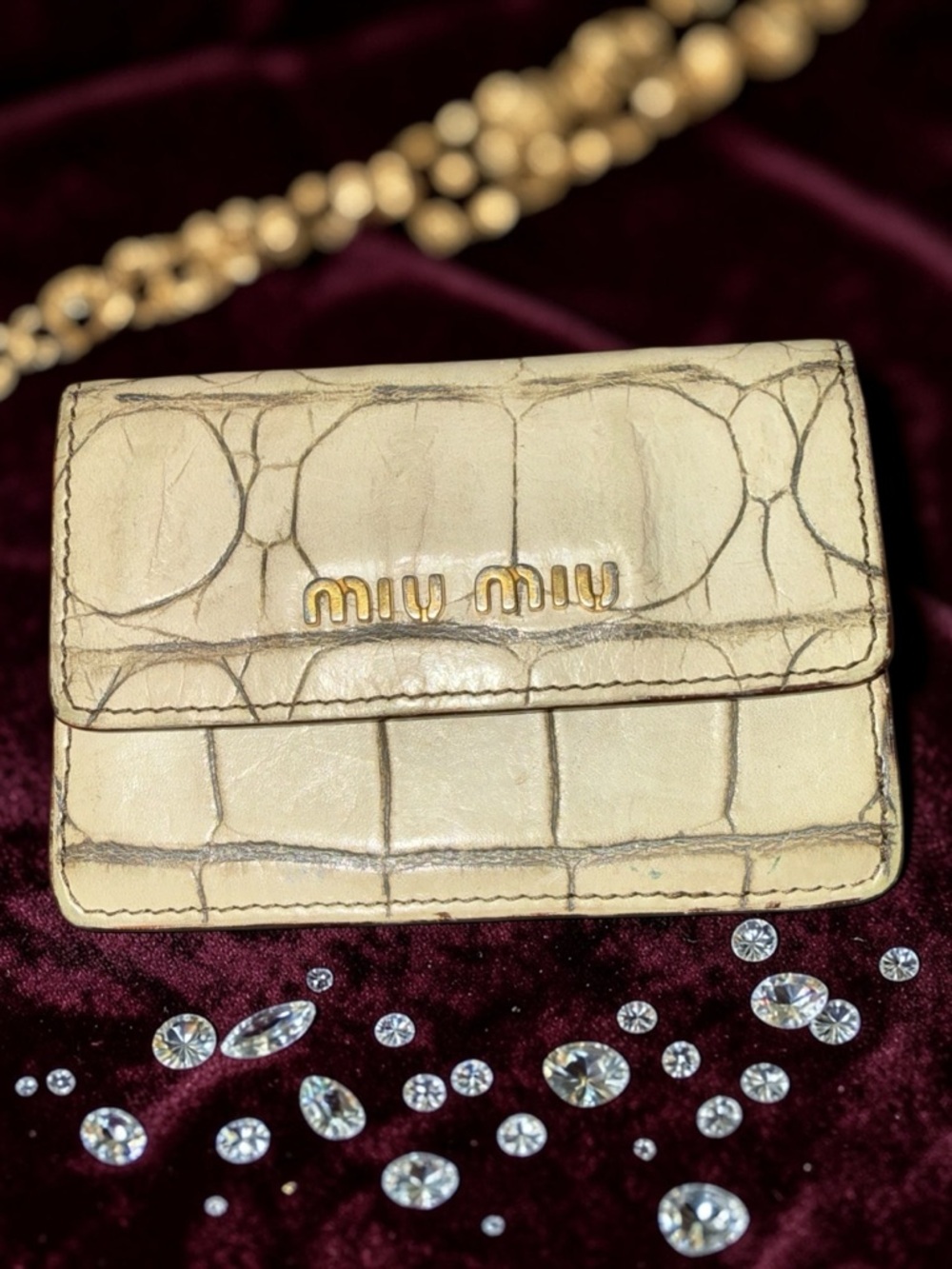 MIU MIU Croc Embossed Leather Card Holder Wallet Beige - Picture 2 of 6
